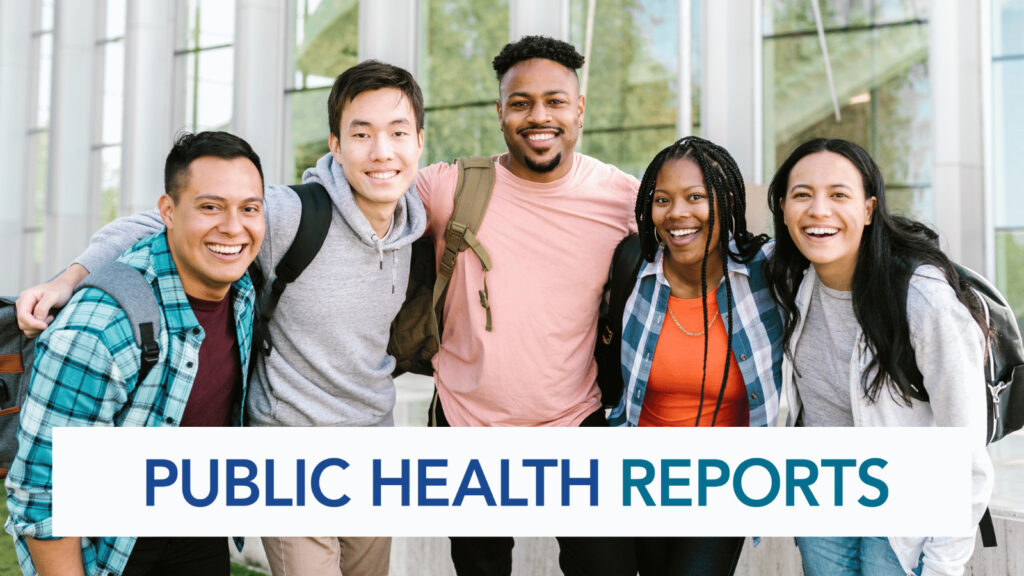 Group of five diverse students with backpacks with text overlay of "Public Health Reports"