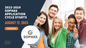 Five happy students and text overlay of SOPHAS 2023-2024 Application Cycle Starts 8-17-23