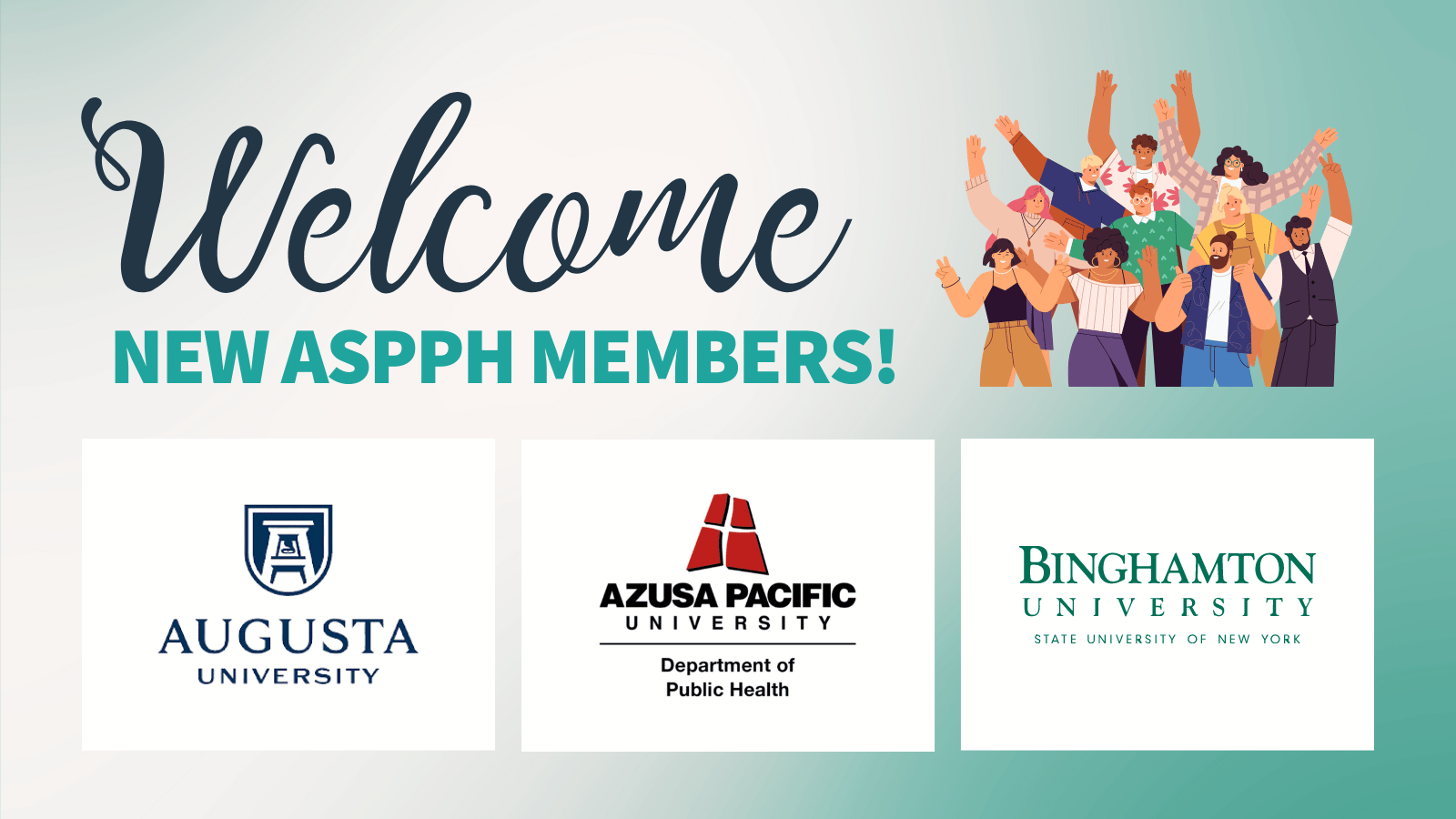 Welcome New ASPPH Members August 2023 - logos for Augusta, Azusa Pacific and Binghamton