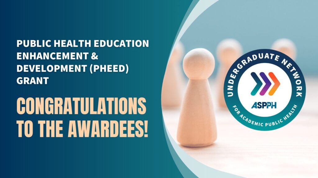 Graphic celebrating awardees of the Public Health Education Enhancement & Development Grant, featuring logos and a wooden figure