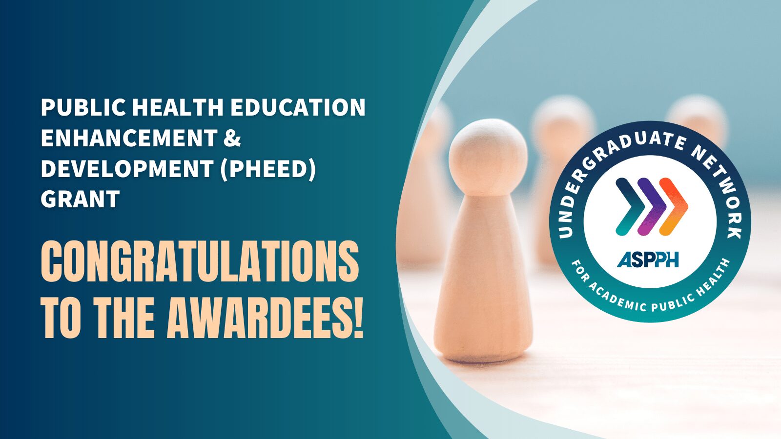 Graphic celebrating awardees of the Public Health Education Enhancement & Development Grant, featuring logos and a wooden figure