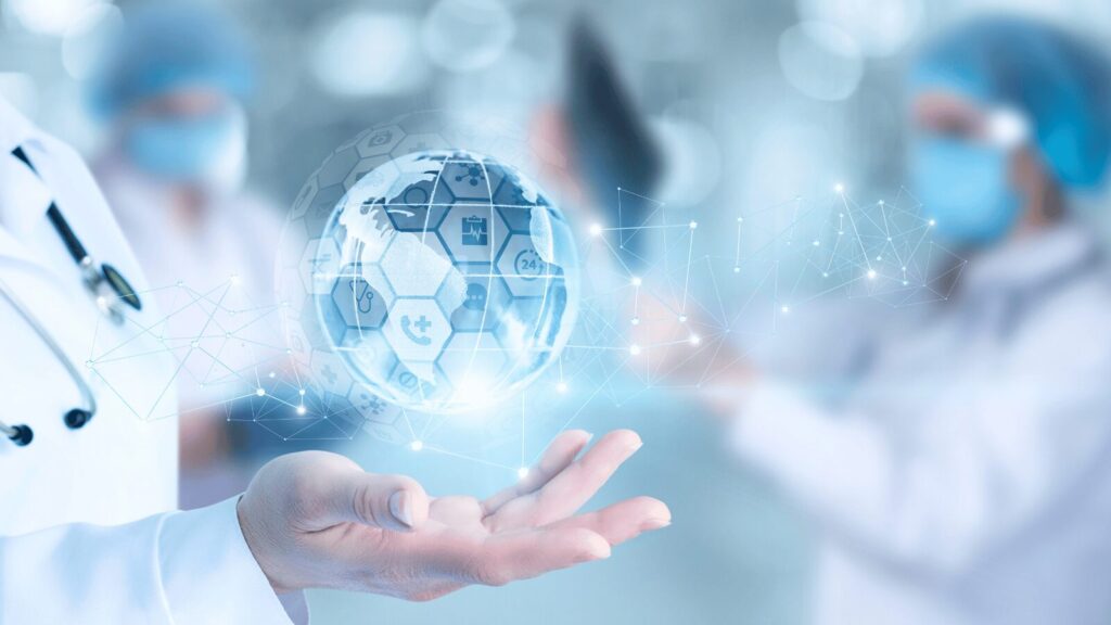 Healthcare professionals observing a floating digital globe with medical icons, symbolizing global health