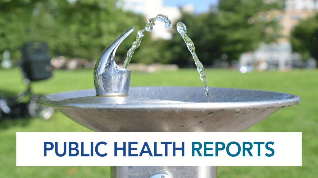 Outdoor drinking fountain spraying water with 'Public Health Reports' text overlay against a park background