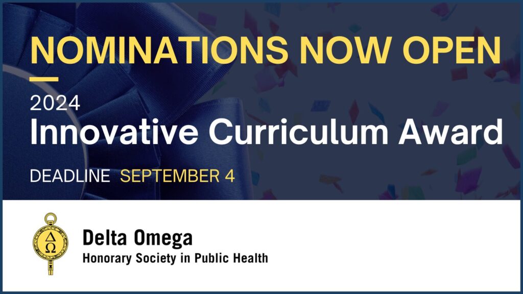 Promotional image for Delta Omega's 2024 Innovative Curriculum Award. Nominations open until September 4