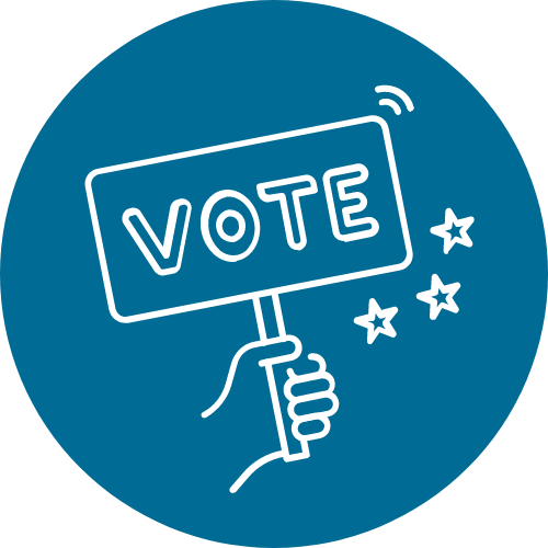 outlined graphic of a hand holding a sign that says vote 