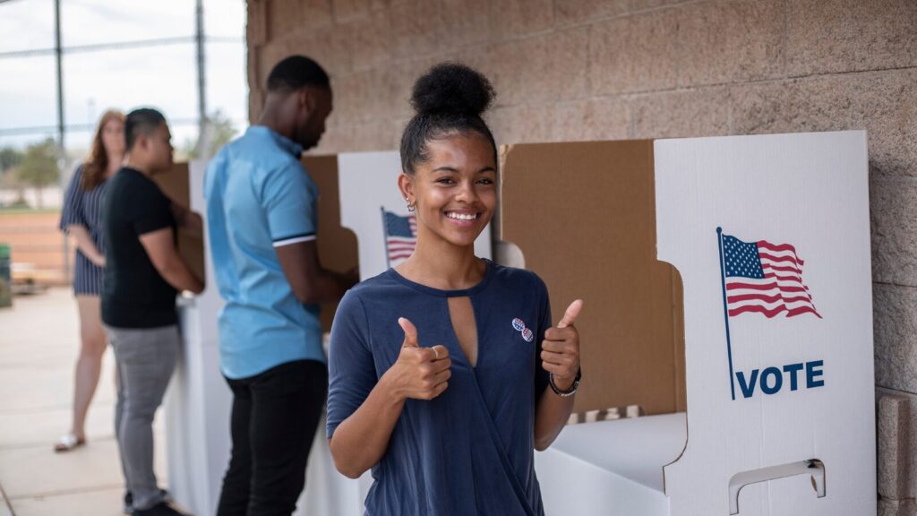 Young woman smiling and giving thumbs up after voting at an outdoor polling station with others casting ballots in the background