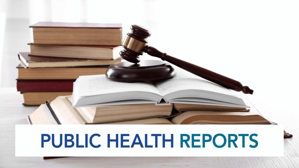 Image of a judge's gavel resting on an open book, with several other books stacked in the background and the text 'Public Health Reports' displayed below