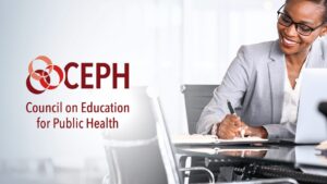Smiling professional woman working at desk with CEPH (Council on Education for Public Health) logo and text in the background