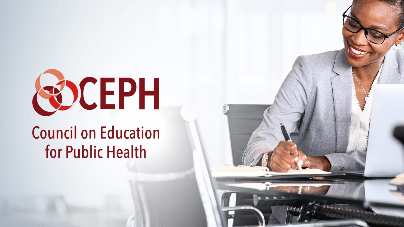 Smiling professional woman working at desk with CEPH (Council on Education for Public Health) logo and text in the background