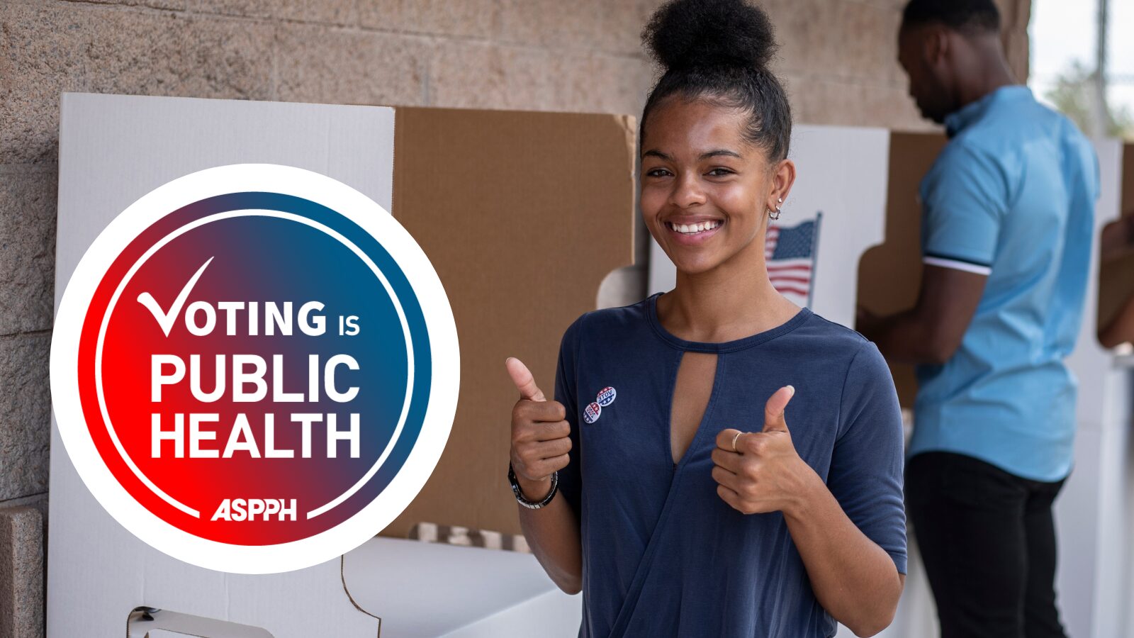 Voting is Public Health logo with person smiling giving two thumbs up