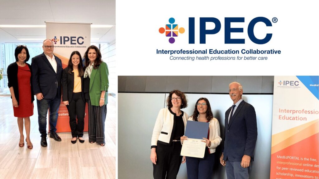 Group photos of IPEC leaders at a conference, with IPEC logo and banner promoting Interprofessional Education Collaborative and MedEdPORTAL