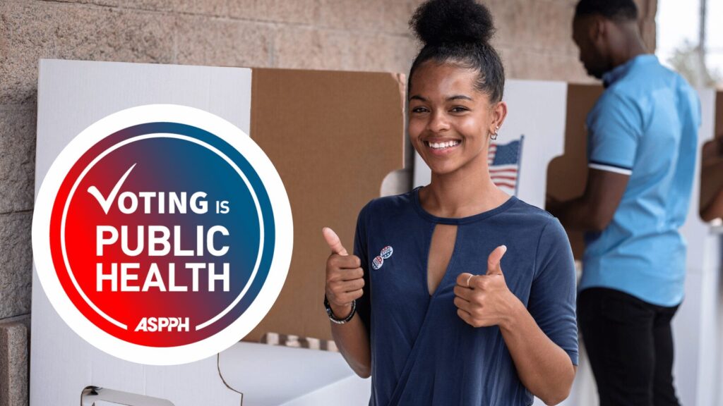 Young woman giving thumbs up at voting booth with 'Voting is Public Health' logo. ASPPH campaign highlighting the importance of voting in public health.