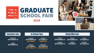 ASPPH Graduate School Fair 2024 CareerEco Fairs on Sept 18 & Nov 19, In-Person Fairs in 4 cities from Sept 26 to Oct 30, Virtual Mini Fairs in Sept & Oct