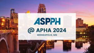 ASPPH logo and text '@ APHA 2024 Minneapolis, MN' overlaid on a sunset skyline of Minneapolis with a view of the Mississippi River and city buildings