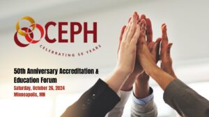 CEPH 50th Anniversary logo with the text 'Celebrating 50 Years,' alongside a diverse group of hands raised together, promoting unity and collaboration