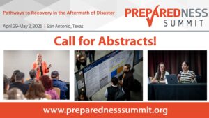 Preparedness Summit 2025 call for abstracts, featuring three images of speakers, a poster presentation, and the event date, April 29-May 2, 2025