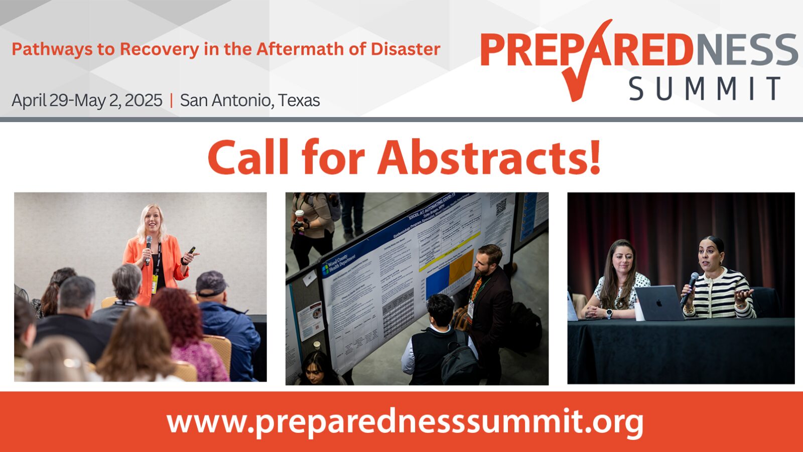 Preparedness Summit 2025 call for abstracts, featuring three images of speakers, a poster presentation, and the event date, April 29-May 2, 2025