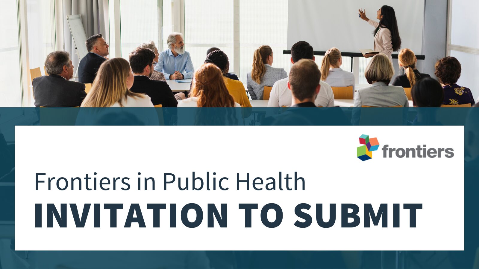 Person presenting to a diverse group of professionals in a conference room setting. Text reads 'Frontiers in Public Health INVITATION TO SUBMIT