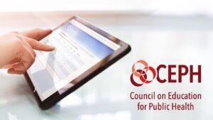 Person's hand tapping a tablet screen to complete a survey, with the logo of the Council on Education for Public Health (CEPH) displayed beside