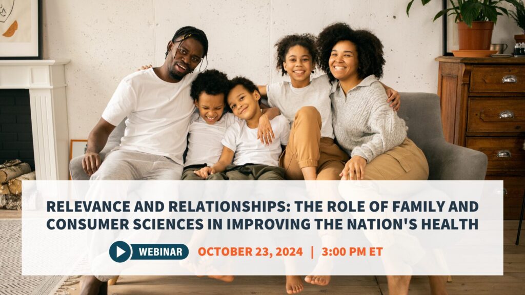 A smiling family of five sitting together in a cozy living room, promoting a webinar titled Relevance and Relationships Family and Consumer Sciences in Health