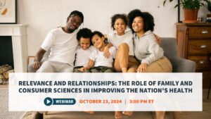 A smiling family of five sitting together in a cozy living room, promoting a webinar titled Relevance and Relationships Family and Consumer Sciences in Health