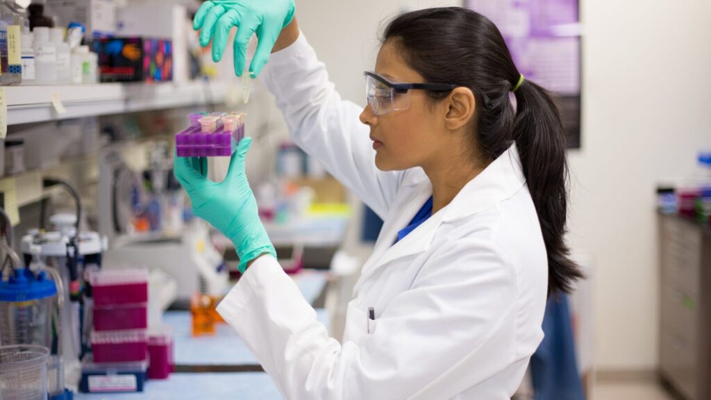 stock image of scientist in a lab looking at test tubes