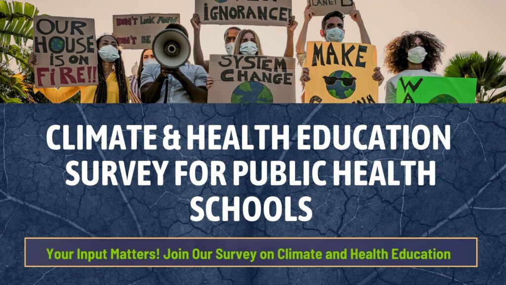 Group of masked protesters holding climate change signs, including 'Our House is on Fire' and 'System Change,' with survey invitation text overlay