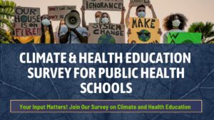 Group of masked protesters holding climate change signs, including 'Our House is on Fire' and 'System Change,' with survey invitation text overlay