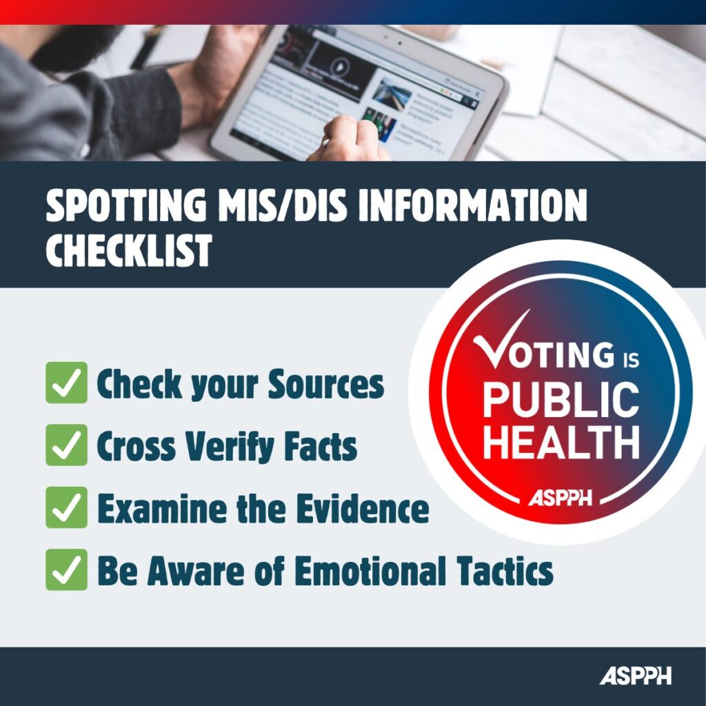 ASPPH Voting is Public Health graphic listing ways to spot mis/disinformation