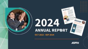 2024 Annual Report cover, showing two people clapping, with report pages on climate change, DEI, and timeline Oct 2023-Sep 2024