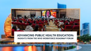 Conference with attendees and a speaker, the President and CEO of ASPPH, on screen, titled 'Advancing Public Health Education Insights from WHO Roadmap Forum'