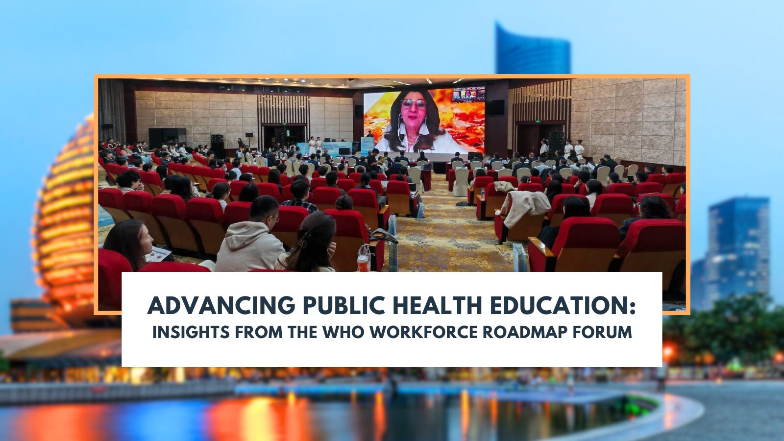 Conference with attendees and a speaker, the President and CEO of ASPPH, on screen, titled 'Advancing Public Health Education Insights from WHO Roadmap Forum'