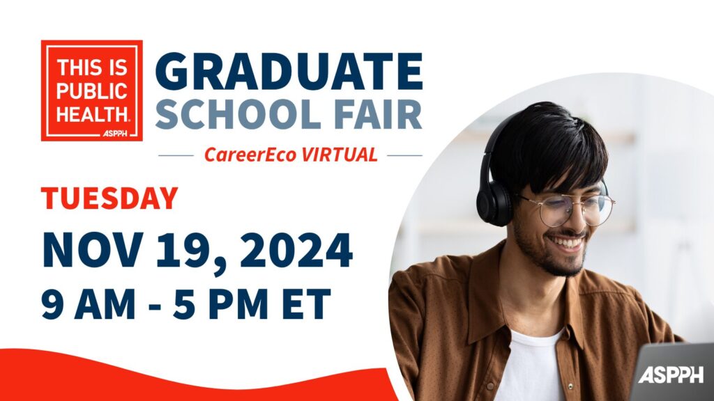 Flyer for a virtual fair on Nov 19, 2024, from 9 AM to 5 PM ET via CareerEco. Flyer shows ‘This is Public Health’ branding and a smiling person wearing headphones on a laptop.