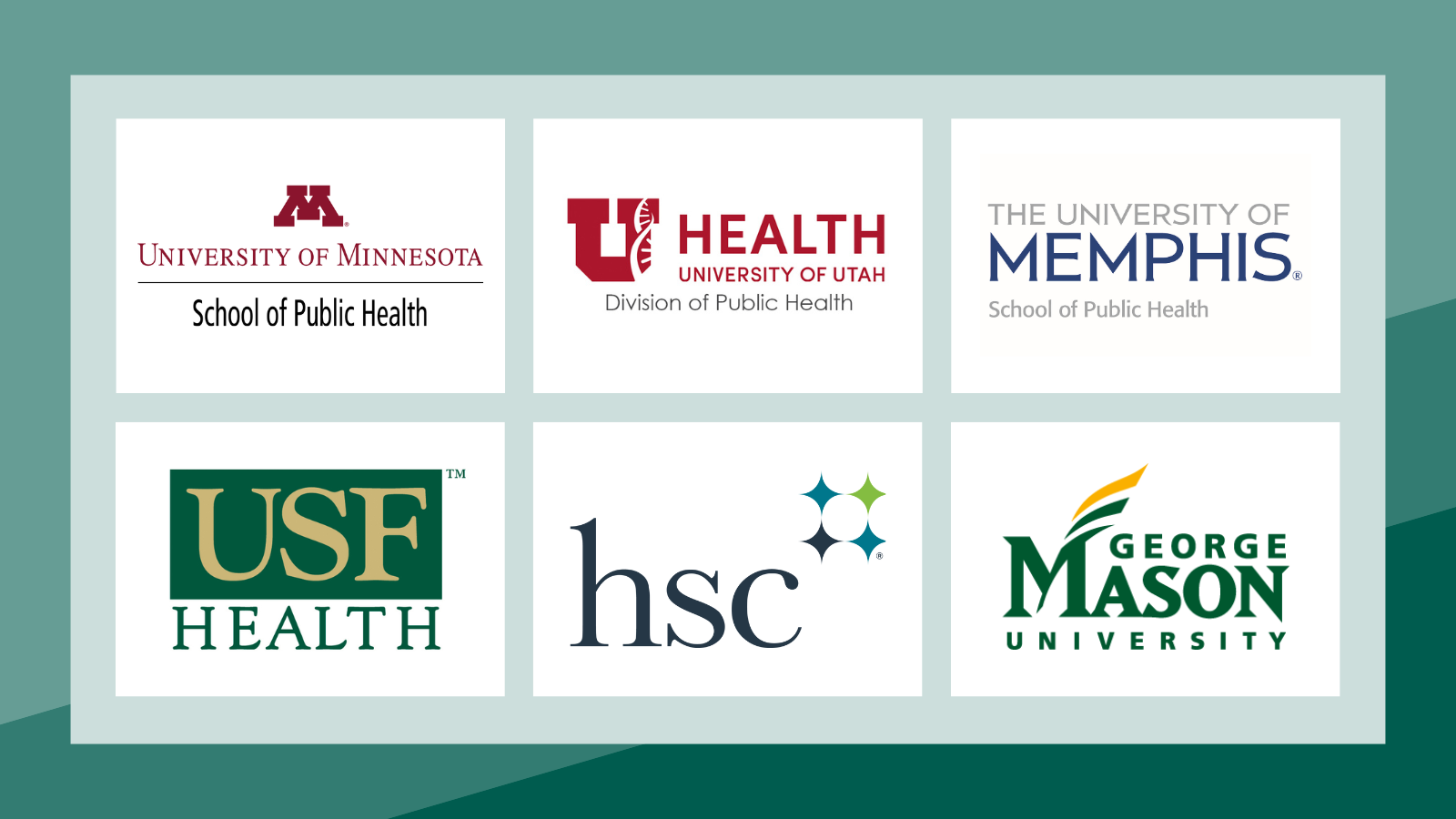 Logos of six public health schools Minnesota, Utah, Memphis USF HSC and George Mason displayed in a grid format