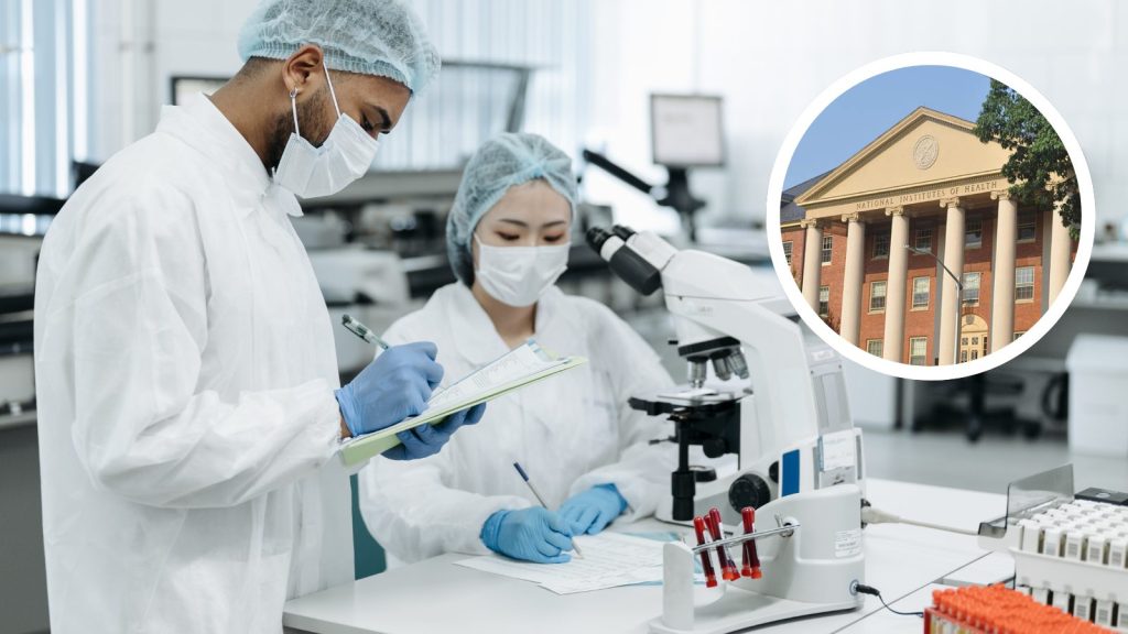 Two scientists in protective gear working in a laboratory with a microscope and test tubes inset image of National Institutes of Health building