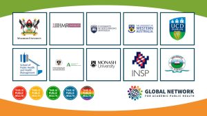 logos of various universities and organizations with This Is Public Health Global badges and Global Network for Academic Public Health logo