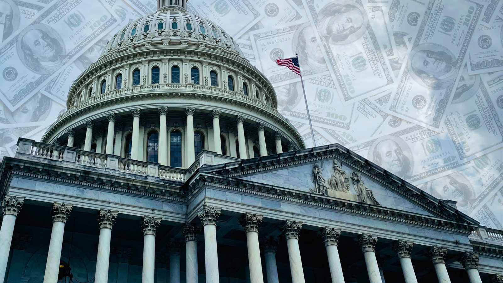 Image of Capitol Building with overlayed 100 dollar bills in background