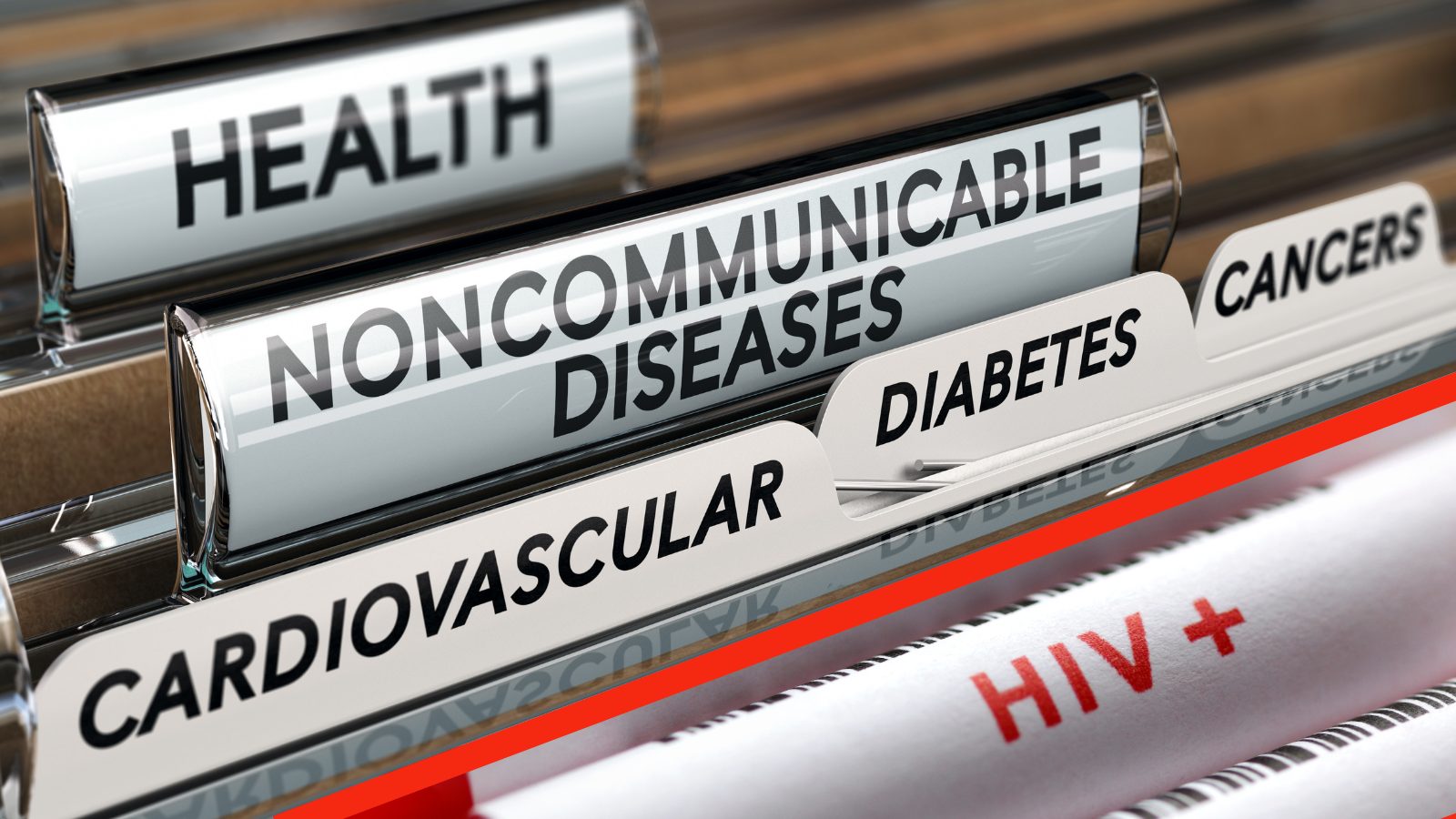 Tabs labeled health noncommunicable diseases cardiovascular diabetes cancers and HIV plus in a filing system drawer