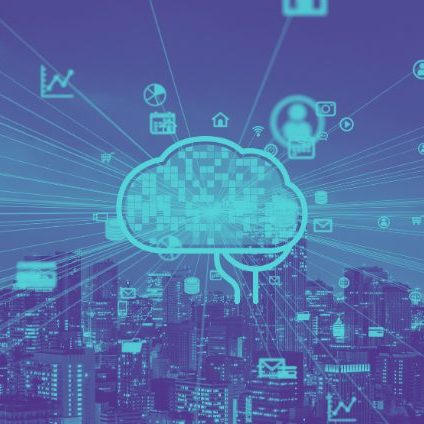 A cloud icon over a city skyline with various icons connected.