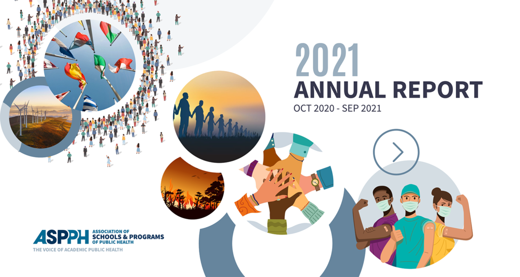 2021 Annual Report cover with photos of international flags, windmills, a forest fire, groups of people holding hands, and public health workers.
