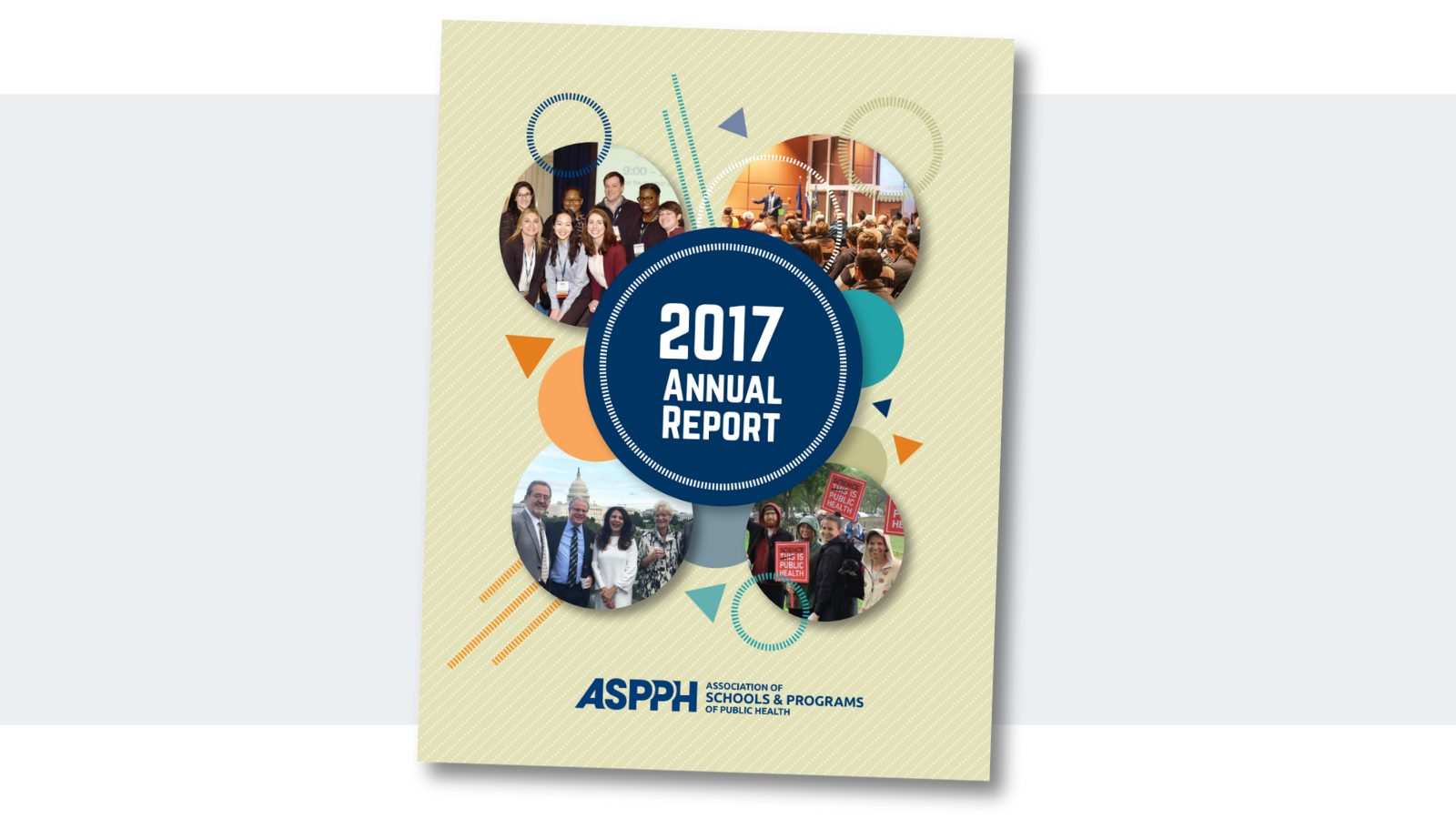 2017 annual report cover with four photos of groups of public health professionals