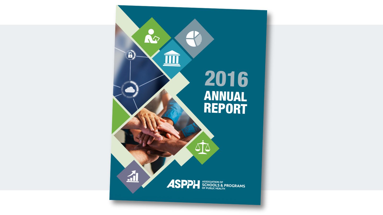 2016 annual report cover with a group of people with their hands brought together in unity and a web that ties together a cloud icon and a lock icon