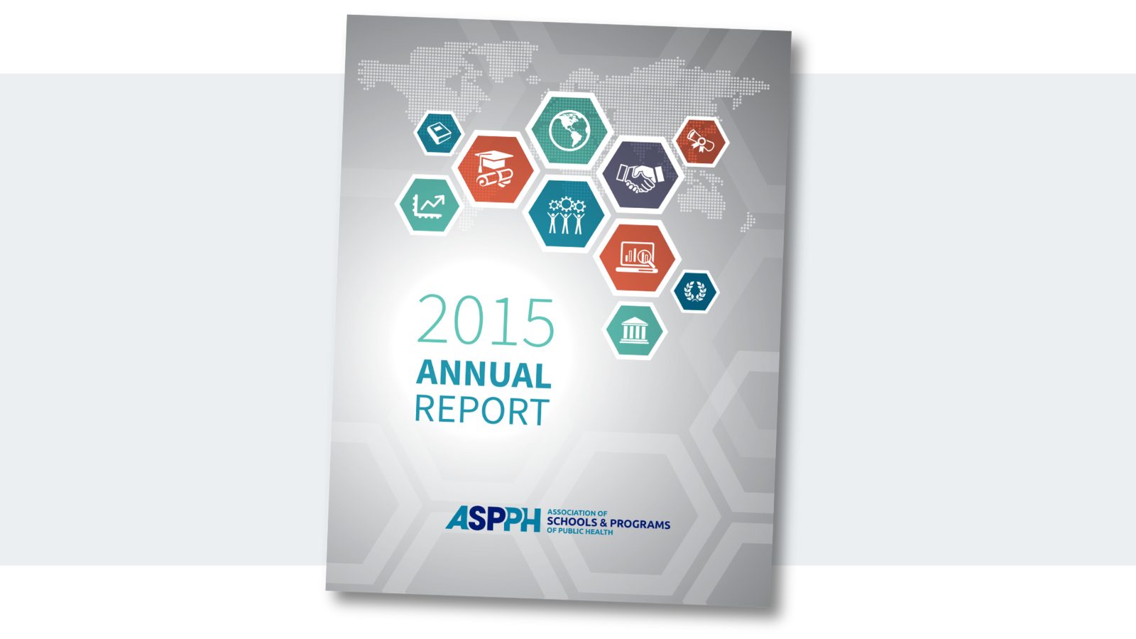 2015 annual report cover with various icons inside hexagons on top of an international map