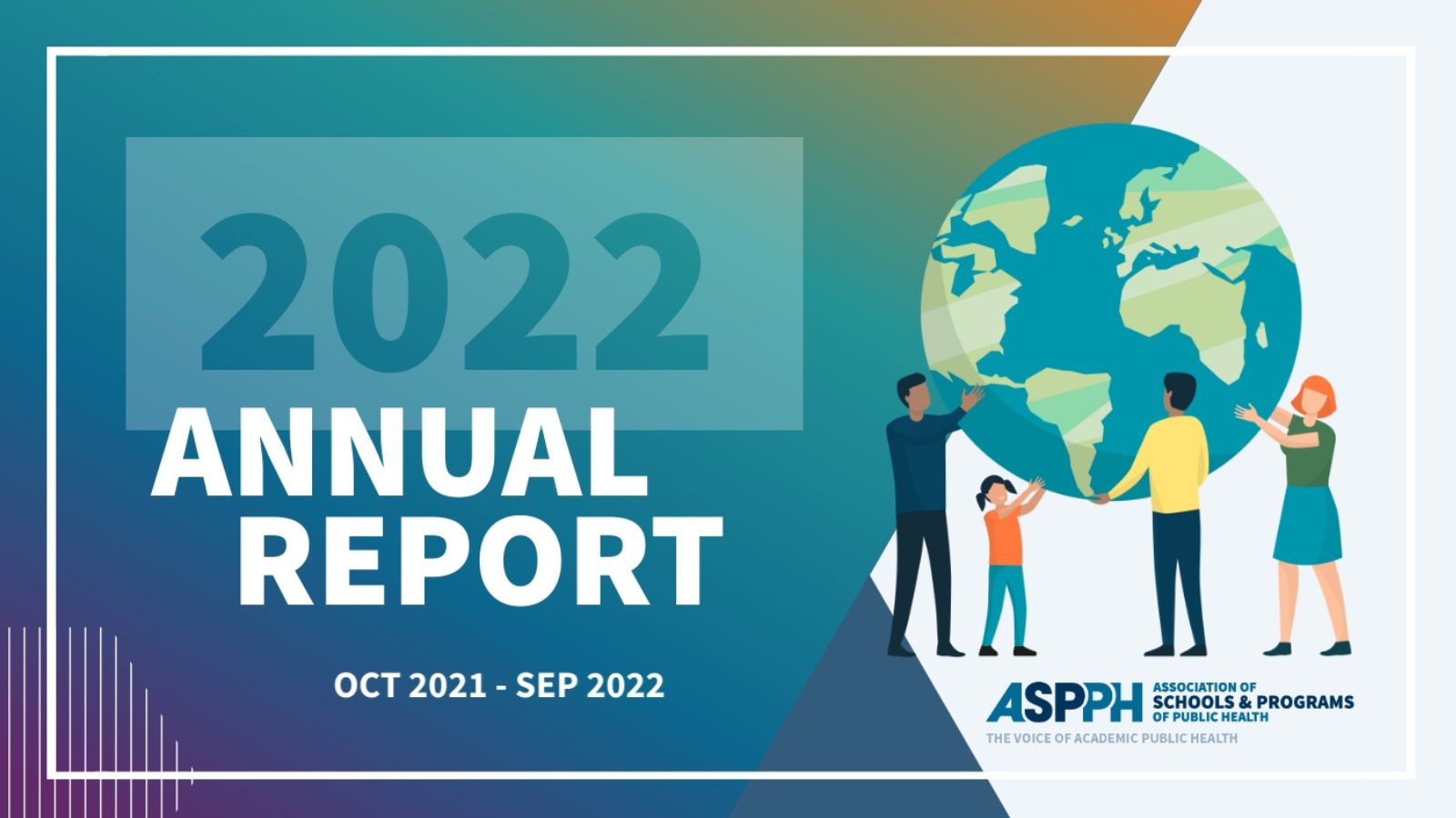 2022 Annual Report cover, showing a graphic of four people holding a globe with a timeline of Oct 2021-Sep 2022