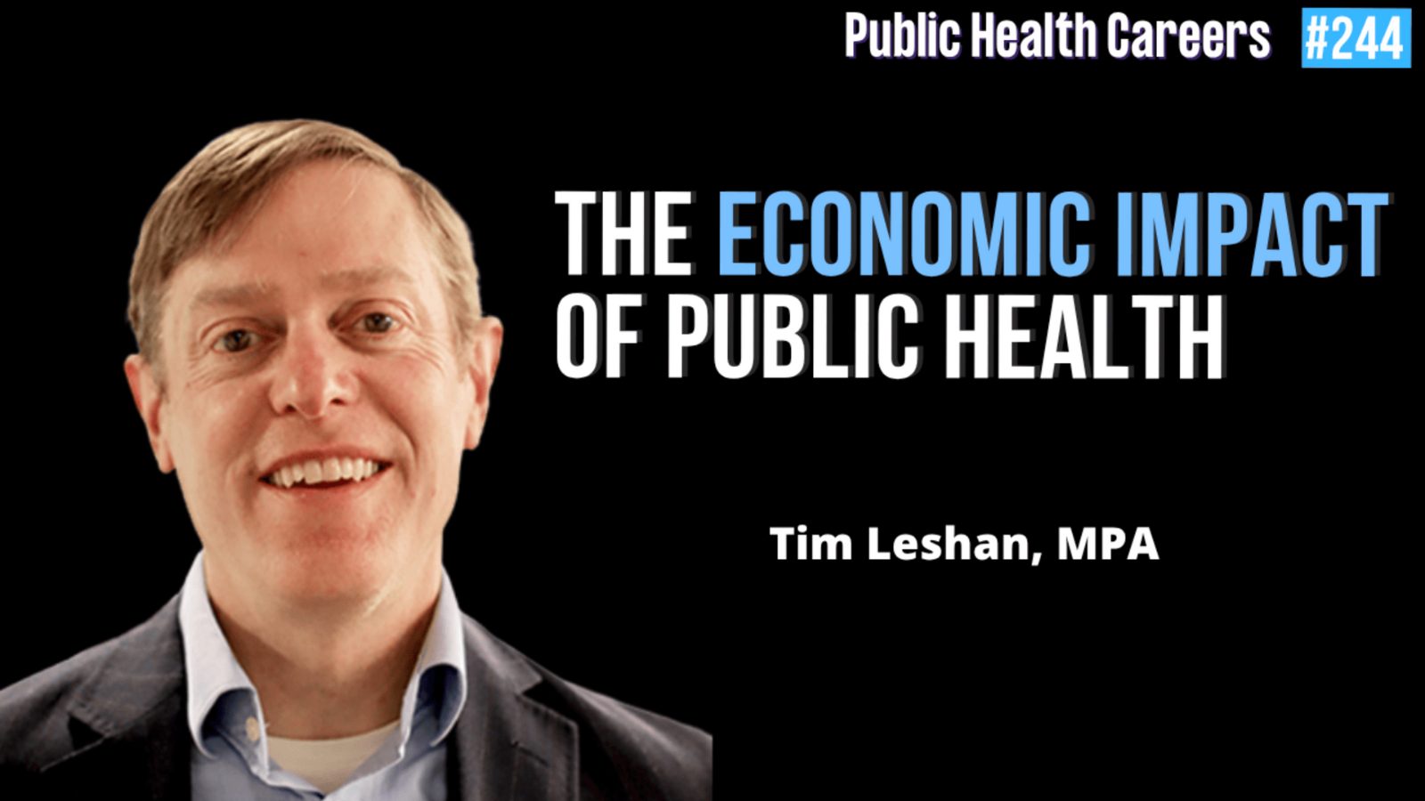 Headshot of Tim Leshan, MPA, with text reading “The Economic Impact of Public Health,” Public Health Careers #244