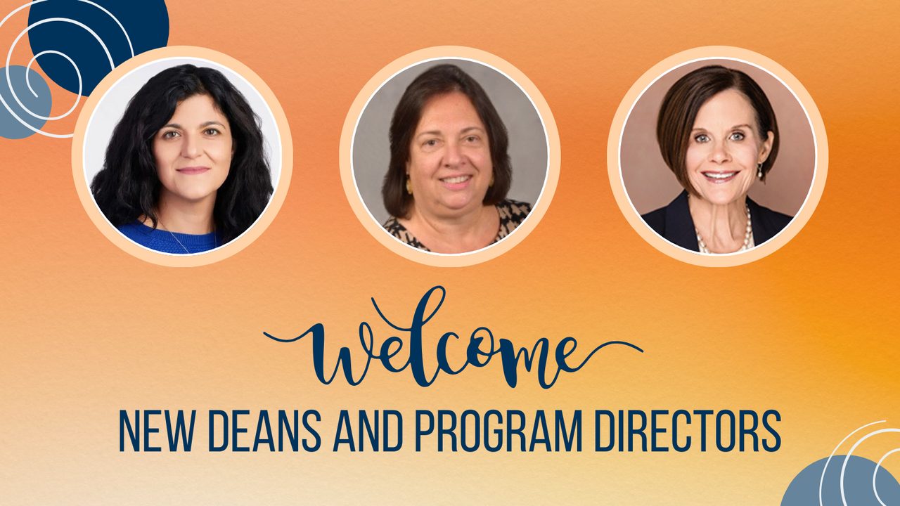 Welcome message for new deans and program directors with portraits of three women leaders on an orange background
