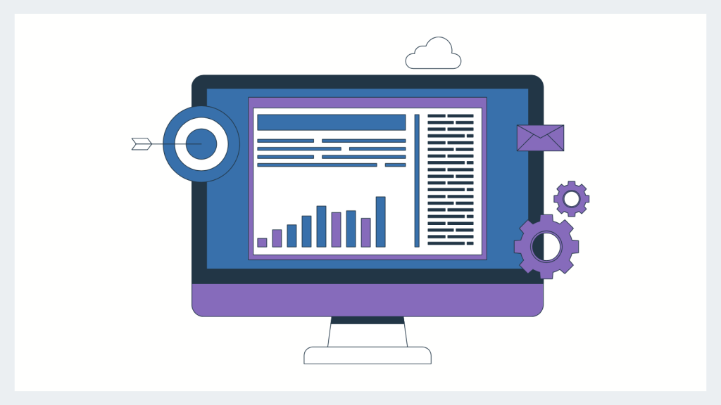 Computer screen showing off email, gears, and target symbols