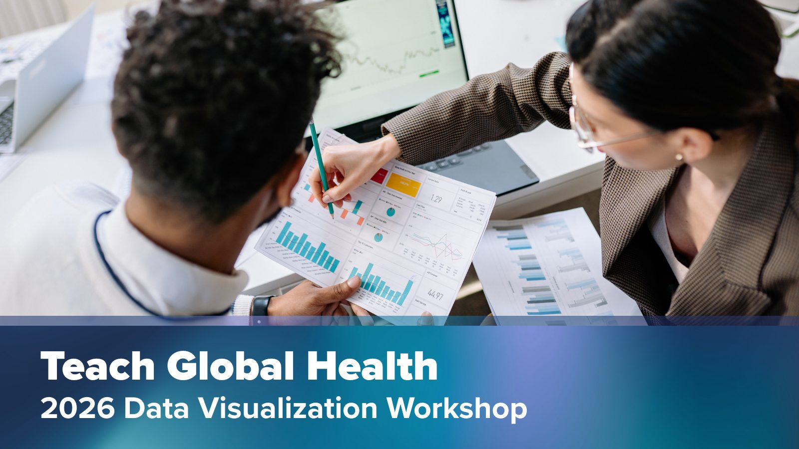 Teach Global Health text with image of two people collaborating on a project