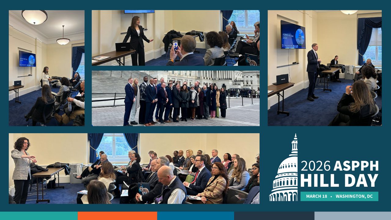 ASPPH Hill Day 2026 collage speakers present to attendees, group photo at Capitol, and audience listening in a Washington, DC meeting room