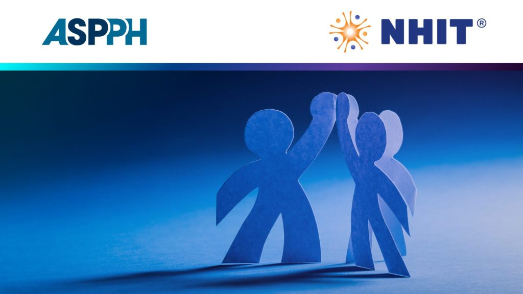 ASPPH and NHIT logos above paper-cut figures high-fiving, symbolizing partnership and collaboration on a blue gradient background